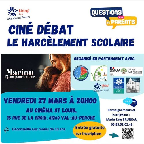 #cinédébat 🎬 Ciné-débat : Parlons du harcèlement scolaire à @valauperche61260Vendredi 27 mars à 20h participez à un ciné-débat consacré au harcèlement scolaire, un sujet qui concerne malheureusement de nombreux enfants, adolescents et familles.À travers la projection d’un film suivi d’un temps d’échange, nous prendrons un moment pour comprendre, partager et réfléchir ensemble aux solutions pour mieux prévenir et agir face au harcèlement.💬 Ce sera aussi l’occasion de libérer la parole, d’écouter différents points de vue et de créer un espace bienveillant pour en discuter.📅 Date : 27 mars
📍 Lieu : @cinema_le_st_louis_valauperche
🕒 Horaire : 20 hParents, jeunes, professionnels de l’éducation ou simplement citoyens concernés : vous êtes tous les bienvenus !Ensemble, faisons avancer la prévention et la sensibilisation. N’hésitez pas à partager autour de vous 🙏PENSEZ À VOUS INSCRIRE VIA LE QR CODE OU EN ME CONTACTANT DIRECTEMENT LE 06 83 59 02 49.#France #Perche #Orne #perchenormand #PnrPerche #Normandie #Valauperche #lepercheornais #theperchetobe #cinema #cinéma #harcelement #harcelementscolaire