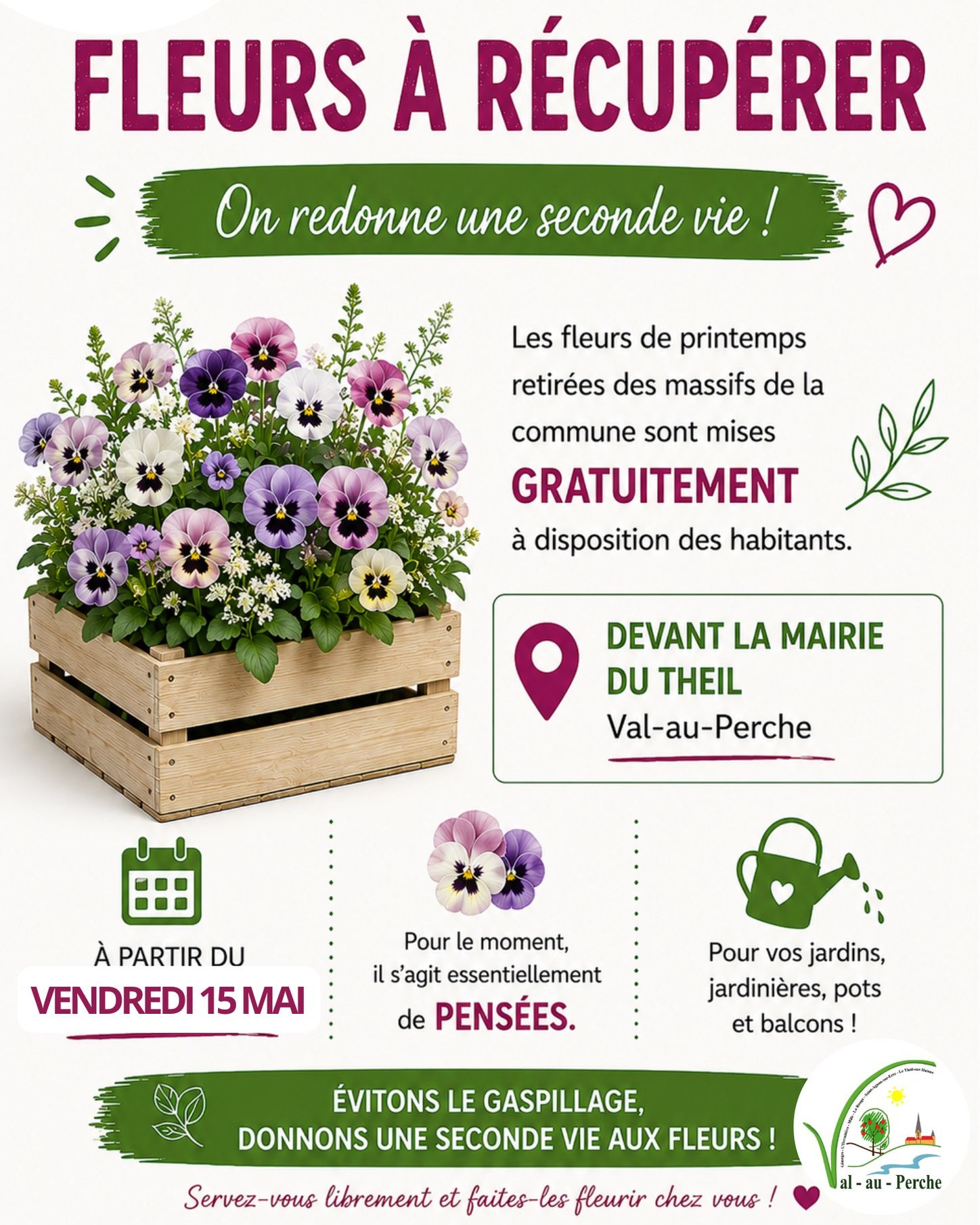 #secondevie🌷La ville de @valauperche61260 donne une seconde vie aux fleurs👍Vendredi 15 mai devant la Mairie de Val-au-Perche les fleurs de printemps retirées des massifs seront mises à disposition gratuitement des habitants !♻️ Nous évitons ainsi le gaspillage et ces fleurs, principalement des pensées, trouveront une seconde vie dans vos jardins, jardinières ou balcons.🌱A vos jardins, prêts, plantez ! 🪻#France #Orne #Perche #PnrPerche #Normandie #Valauperche #lepercheornais #theperchetobe #fleurs #pensées #antigaspi #antigaspillage #recyclage