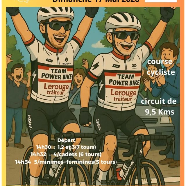 L’association Les Mémoires Theilloises, en partenariat avec Team Power Bike et la Ville de Val-au-Perche, organisent une course cycliste le dimanche 17 mai, départs à partir de 14h30.
Venez nombreux pour participer ou soutenir les cyclistes !