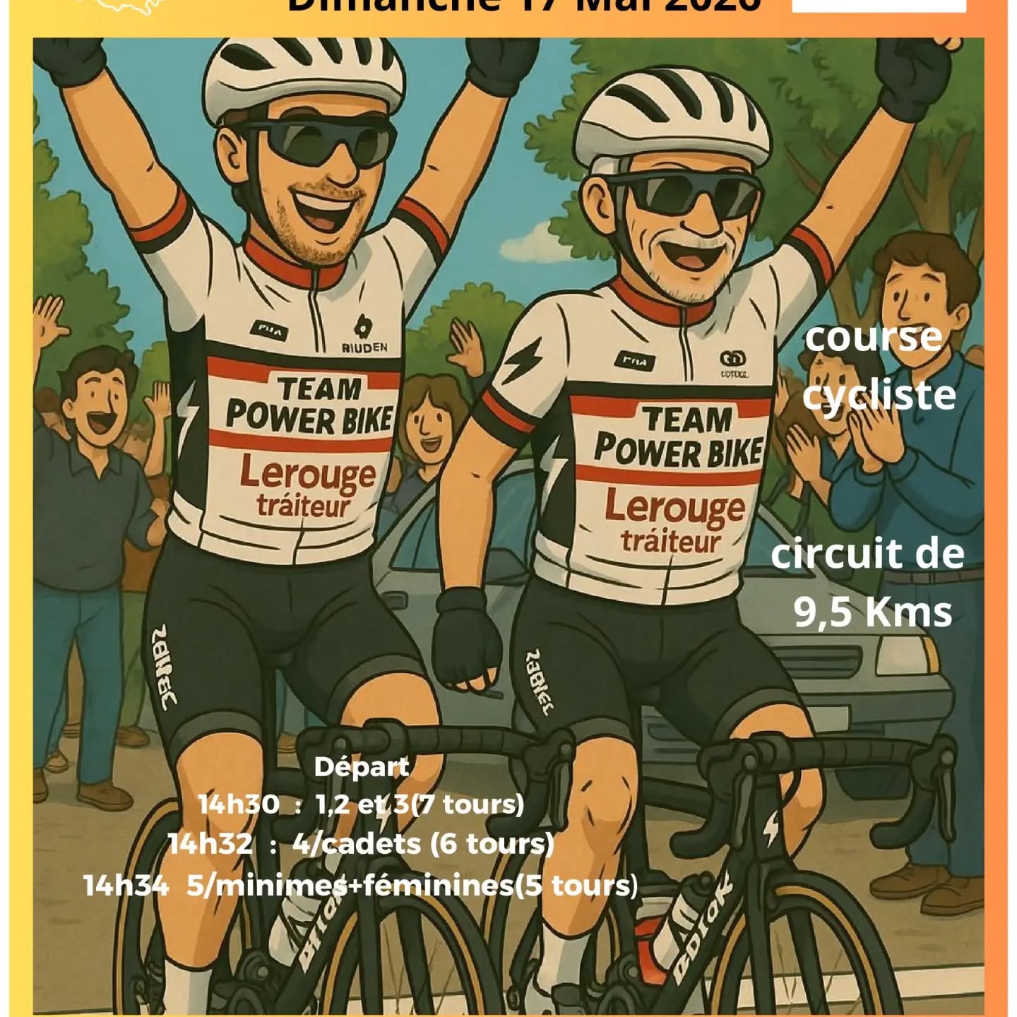 L’association Les Mémoires Theilloises, en partenariat avec Team Power Bike et la Ville de Val-au-Perche, organisent une course cycliste le dimanche 17 mai, départs à partir de 14h30.
Venez nombreux pour participer ou soutenir les cyclistes !