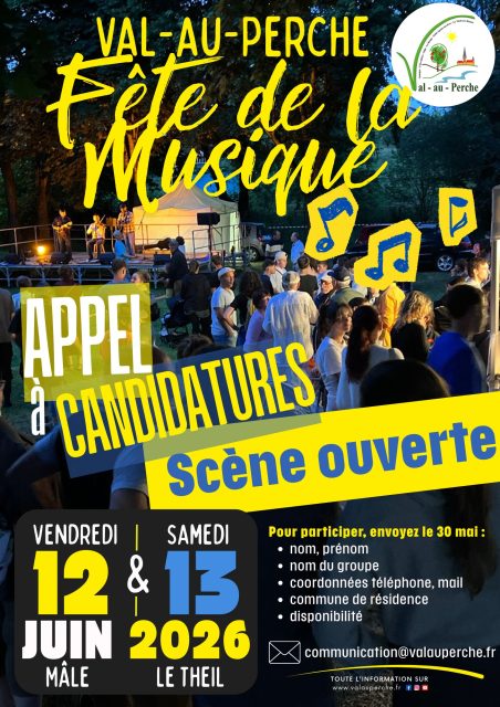 #fetedelamusique🎵🎻 FÊTE DE LA MUSIQUE à @valauperche61260 - APPEL A CANDIDATURES 🎶🎸💃Cette année encore, la commune de Val-au-Perche organise la fête de la musique.Notez bien les dates : le vendredi 12 juin à Mâle et le samedi 13 juin au Theil.🎤Vous souhaitez monter sur scène à cette occasion ? Envoyez votre candidature à communication@valauperche.fr📆Date limite de candidature : samedi 30 mai 2026🎷Que vous soyez chanteur, musicien, un groupe ou un artiste solo, n’hésitez pas à déposer une candidature.🎹Nous avons besoin de tous pour que cette fête soit une belle réussite et un beau moment de partage. 👯♂️