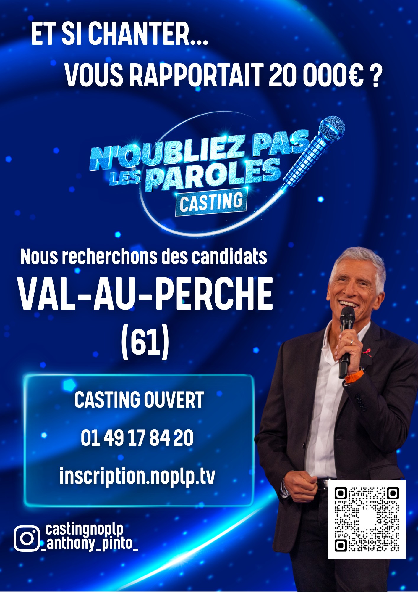 #casting 🎤 L'émission "N'oubliez pas les paroles" recherche des candidats à @valauperche61260👉 http://inscription.noplp.tvLe casting reste ouvert toute l’année aux 700 candidats qui participent chaque année avec des gains allant jusqu’à 20 000 € par émission.@castingnoplp et @_anthony_pinto_