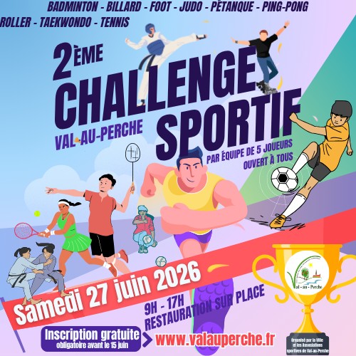 #challengeportif 🏆Le 2ème challenge sportif de @valauperche61260 se déroulera le samedi 27 juin !Fort du succès rencontré l’an dernier pour la première édition, les équipes sont attendues samedi 27 juin 2026 à partir de 9 heures au Gymnase Bernard Lebranchu de Val-au-Perche pour le 2ème challenge sportif organisé par la Ville et les associations de Val-au-Perche.Les équipes, mixtes ou non, devront être composées de cinq joueurs de tous les âges, à partir de 6 ans, et au moins une personne majeure par équipe. Les concurrents enchaîneront les ateliers sportifs et ludiques accessibles à tous : football, tennis, pétanque, judo, roller, taekwondo, badminton, ainsi que billard et ping-pong pour cette nouvelle édition.« Le 1er challenge sportif a été un réel moment de convivialité entre les associations et une occasion de découvrir des sports tout en s’amusant en famille, entre amis ou entre collègues, » explique Alain François, Conseiller délégué au Sport.L’inscription est gratuite, un pique-nique est à prévoir pour le midi ou, une buvette et une restauration seront disponibles sur place. Un goûter sera offert aux participants avant la remise des récompenses à 17h.Le nombre maximum d’équipes étant fixé à vingt, il ne faut pas tarder à vous inscrire, obligatoirement avant le 15 juin, en renvoyant le bulletin de participation que vous trouverez sur le site de la Ville : www.valauperche.fr (rubrique Actualité ou Événement) ou en Mairie de Val-au-Perche.#France #Orne #Perchenormand #Perche #PnrPerche #Normandie #Valauperche #lepercheornais #theperchetobe #sports #challenge #equipe #équipe