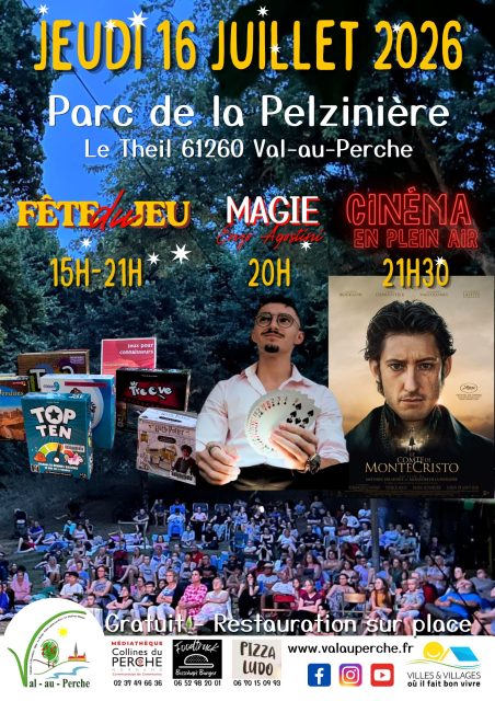 #Jeux, #magie et #cinéma en plein air le jeudi 16 juillet à @valauperche61260♟️En partenariat avec la Médiathèque des Collines du Perche Normand, la ville de Val-au-Perche organise le jeudi 16 juillet la fête du jeu de 15h à 21h, suivie à 20h d’un spectacle de magie et à 21h30 d’une séance de cinéma en plein air. Lors d’un après-midi, sous la fraicheur des arbres du Parc de la Pelzinière, petits et grands pourront découvrir des jeux de sociétés et des jeux en bois géants en tous genres.🍕En soirée, le foodtruck Bisschop’s Burger (06 52 98 20 01) et habituellement sur la place des Teilleuls, Ludo Pizza (06 70 15 09 93), seront présents pour vous régaler.🃏À partir de 20h, le magicien Enzo Agostini interviendra entre disparition de cartes entre vos mains, changements de couleurs et apparition de cartes jusque dans l'œil des spectateurs, vous serez bluffés ! Un instant magique et exceptionnel, avant la projection en plein air du film réalisé par Matthieu Delaport et Alexandre de la Patellière « Le Comte de Monte-Cristo », sortie en 2024. Le film est présenté « hors compétition » au Festival de Cannes 2024.🎬Il est chaleureusement accueilli par la critique, attirant plus de 9,4 millions de spectateurs dans les salles de cinéma françaises. C'est aussi devenu le plus gros succès du producteur et distributeur Pathé depuis « Bienvenue Chez Les Ch'tis » (2008). Vous pouvez apporter vos chaises de camping, chaises longues ou plaid, quelques bancs seront à votre disposition.En cas d’intempéries, la fête du jeu, la magie et la séance de cinéma auront lieu à la salle polyvalente Jean Beaudoux du Theil, informations sur les réseaux de la ville.Tout est organisé pour que cette journée soit un moment de détente, de jeu et de magie à partager entre amis ou en famille, le jeudi 16 juillet 2026 à Val-au-Perche.#normandie #leperche #pnrperche #valauperche61260 #perchenormand #Orne #Perche #theperchetobe #Valauperche #cinémaenpleinair #cinemaenpleinair #comtedemontecristo #cinetoile