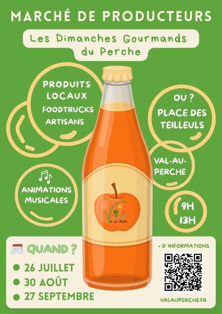 #marchédeproducteurs 🧺Les Dimanches gourmands du Perche animeront l’été à @valauperche61260En complément du marché hebdomadaire du mercredi matin, la ville de Val-au-Perche propose un nouveau rendez-vous mensuel durant l’été.Chaque dernier dimanche de juillet à septembre, un marché de producteurs sera organisé sur la place des Teilleuls du Theil-sur-Huisne de 9h à 13h.« La ville de Val-au-Perche souhaite dynamiser la vie locale et l’offre touristique tout en soutenant les producteurs, artisans et acteurs de la restauration mobile du territoire en organisant un marché mensuel de producteurs » explique Matthieu Erb, Adjoint délégué à l’Alimentation durable. « Ce marché dominical permet d’élargir les publics et l’offre aux salariés qui travaillent en semaine mais aussi attirer plus de producteurs locaux » a-t-il ajouté. Les Dimanches gourmands commenceront le 26 juillet, animé par le groupe de musique folk à danser d'inspiration traditionnelle « C’ton bal trad » et la présence d’une offre de petite restauration. Vous pourrez y retrouver le Caféravane, les produits du Rucher du Beau Verger, Antoine Le Maraîcheur, les jus de fruits de la Ferme de Julie et Alexis, la Brasserie la Vertueuse, le cidre Lacour Veyranne ou la chèvrerie de Huppes.« Ce marché de producteurs se veut évolutif, il a vocation à devenir un rendez-vous convivial et qualitatif mettant en valeur les savoir-faire locaux dans un cadre patrimonial et familial en proposant des animations artistiques ou musicales... » précise Heidy Moulin, Adjointe déléguée à l’Animation, à l’Artisanat et au Commerce.Pour les marchés des dimanches 30 août et 27 septembre les inscriptions seront étudiées, candidatures et information en Mairie au 02 37 49 59 80 ou à accueil@valauperche.fr.Marché de producteurs
Dimanches 26 juillet, 30 août et 27 septembre.
De 9h à 13h
Place des Teilleuls, Le Theil#France #Orne #Perchenormand #Perche #PnrPerche #Normandie #Valauperche #lepercheornais #theperchetobe #marché #producteur #artisan #panier #local #cidre #miel #Pain