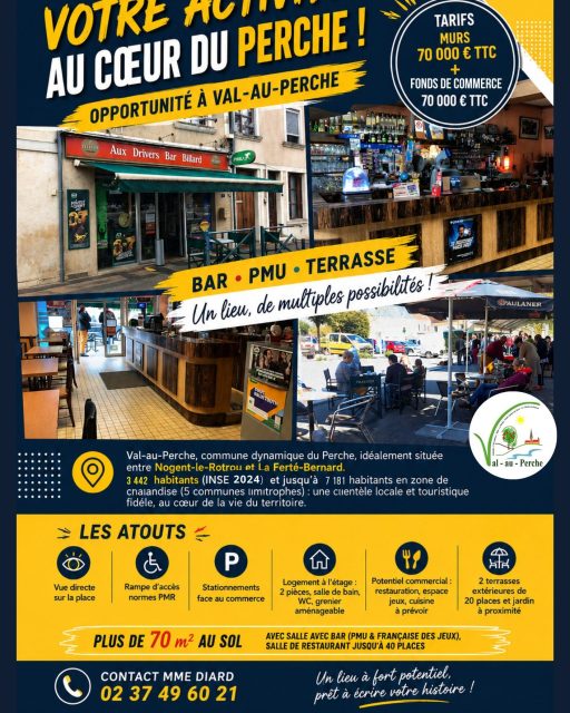 #🍻A VENDRE - Bar PMU à @valauperche61260📍 Val-au-Perche - le Theil, commune dynamique du Perche idéalement située entre Nogent-le-Rotrou et La Ferté-Bernard.
3 442 habitants et jusqu'à 4 096 habitants en zone de chalandise : une clientèle locale et touristique fidèle, au cœur de la vie du territoire.Grande salle comprenant :
• 🍺 Un espace bar
• ♿ rampe d'accès normes PMR
• 🚬 Un espace tabac / FDJ
• 🐎 Un espace PMU
• 🍽 salle de restauration: jusqu'à 40 places
• 🔵 Plus de 70m2 au sol.
• 🏠 Logement à l'étage: 2 pièces, salle de bain, wc, grenier aménageable
• 🚗 Stationnements face au commerce
• 🌞 2 terrasses extérieures de 20 places et un jardin à proximité.
• 🔎 potentiel commercial : restauration, espace jeux, cuisine à prévoir💰 Prix: 70 000 € les murs + 70 000€ le fond de commerce.Contact Mme Diard : 02 37 49 60 21