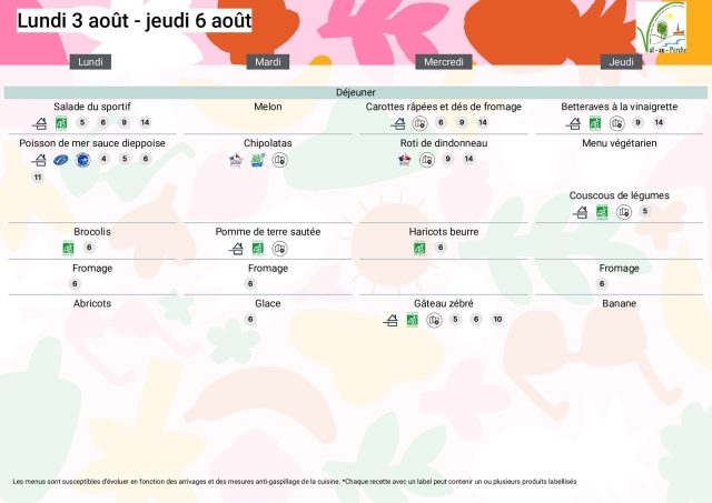 😋 [ Val-au-Perche : Menus de la restauration scolaire à l'accueil de Loisirs ]🍪 Retour en images sur le menu Hansel et Gretel de jeudi.
🏖️ Toute l'équipe de la restauration scolaire vous souhaite un bel été et de bonnes vacances.
🍎 La restauration de Val-au-Perche confectionne de délicieux repas toujours avec de bons produits locaux cet été pour l'accueil de loisirs !
☀️ En raison des fortes chaleurs, les menus sont susceptibles d'être modifiés afin de privilégier des repas froids.
😋 Retrouvez les menus de la restauration ainsi que toutes nos infos de votre commune sur le site valauperche.fr/a-vos-cotes/etablissements-scolaires/ ou sur l'application mobile "Val-au-Perche".
#valauperche #orne  #menu  #cantine #localfood