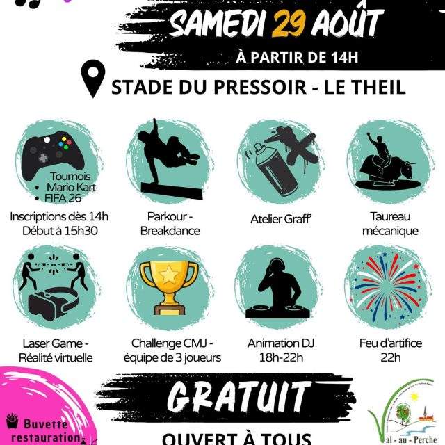 🎉 [ Teen Festi'VAL 2026 : la journée incontournable des jeunes est de retour !] 🎮🎧🎆📅 Samedi 29 août, le stade du Pressoir à @valauperche61260  accueillera une nouvelle édition du Teen Festi'VAL, une journée 100 % gratuite dédiée aux adolescents... mais aussi aux familles !Au programme de cette édition 2026, de nombreuses animations et nouveautés :🎨 Atelier graffiti
🥽 Réalité virtuelle
🎮 Tournois de jeux vidéo
🏆 Parcours & Mur des Champions du CMJ
🔫 Laser game
🐂 Rodéo mécanique
🎵 DJ toute la journée et en soirée
🎆 Grand feu d'artifice pour clôturer l'événement !Une journée placée sous le signe de la découverte, du sport, des défis, de la musique et de la convivialité, pour profiter des derniers jours des vacances avant la rentrée.💬 « Nous avons imaginé un programme varié afin que chaque jeune puisse trouver une activité qui lui ressemble. » souligne Marie-Line Bruneau, adjointe déléguée aux actions jeunesse.💬 « Avec le Teen Festi'Val, nous avons voulu créer un évènement qui ressemble à notre jeunesse : dynamique, créatif et convivial. »  explique Sébastien Thirouard, Maire de Val-au-Perche.📍 Rendez-vous samedi 29 août au stade du Pressoir à partir de 14h !👉 Invitez vos amis, partagez l'information et venez vivre une journée pleine d'animations dans une ambiance festive et conviviale !#ValauPerche #TeenFestiVAL #Jeunesse #Animations #Vacances #JeuxVidéo #LaserGame #Graffiti #DJ #FeuDArtifice #CMJ #SortirDansLOrne #Perche #Été2026