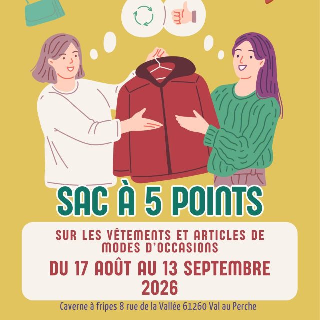🛍️ Braderie de la rentrée – Secours Populaire de @valauperche61260 ❤️Envie de faire de bonnes affaires tout en donnant une seconde vie aux vêtements ? 👕♻️Le Secours populaire français de Val-au-Perche organise sa braderie de la rentrée du 17 août au 13 septembre 2026 !👚 Un large choix de vêtements d’occasion et d’accessoires de mode vous attend dans les locaux de l’association.💥 -50 % sur une sélection
🛍️ Ou le sac à seulement 5 € !📅 Du 17 août au 13 septembre
📍 Caverne à fripes – 8 rue de la Vallée, 61260 Val-au-Perche
🕐 Aux horaires d’ouverture habituels
👥 Ouvert à tous !👉 Une bonne occasion de renouveler sa garde-robe à petit prix, tout en favorisant le réemploi et la solidarité. 💚📢 N’hésitez pas à partager l’information autour de vous !#ValAuPerche #SecoursPopulaire #Braderie #Rentrée #VêtementsOccasion #Solidarité #Réemploi #BonnesAffaires