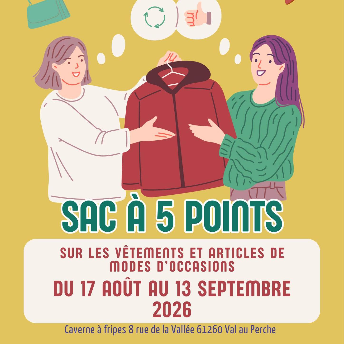 🛍️ Braderie de la rentrée – Secours Populaire de @valauperche61260 ❤️Envie de faire de bonnes affaires tout en donnant une seconde vie aux vêtements ? 👕♻️Le Secours populaire français de Val-au-Perche organise sa braderie de la rentrée du 17 août au 13 septembre 2026 !👚 Un large choix de vêtements d’occasion et d’accessoires de mode vous attend dans les locaux de l’association.💥 -50 % sur une sélection
🛍️ Ou le sac à seulement 5 € !📅 Du 17 août au 13 septembre
📍 Caverne à fripes – 8 rue de la Vallée, 61260 Val-au-Perche
🕐 Aux horaires d’ouverture habituels
👥 Ouvert à tous !👉 Une bonne occasion de renouveler sa garde-robe à petit prix, tout en favorisant le réemploi et la solidarité. 💚📢 N’hésitez pas à partager l’information autour de vous !#ValAuPerche #SecoursPopulaire #Braderie #Rentrée #VêtementsOccasion #Solidarité #Réemploi #BonnesAffaires