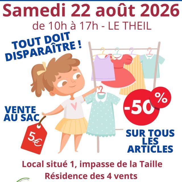 👗 Vide-dressing solidaire à @valauperche61260 ! 💙❤️Envie de faire de bonnes affaires tout en faisant un geste solidaire ? Ne manquez pas le vide-dressing organisé par Solidarité Notre-Dame !📅 Samedi 22 août 2026
🕙 De 10h à 17h
📍 Le Theil – Local situé 1, impasse de la Taille, Résidence des 4 Vents💥 -50 % sur tous les articles !
🛍️ Et pour encore plus de bonnes affaires : vente au sac à seulement 5 € !👚 Vêtements, articles de mode et bien d'autres trouvailles vous attendent !👉 Tout doit disparaître ! Alors profitez-en pour renouveler votre garde-robe à petits prix, tout en soutenant une belle initiative solidaire. ❤️📞 Renseignements : 07 57 55 67 41On vous attend nombreux ! 😊#ValAuPerche #VideDressing #Solidarité #BonnesAffaires #LeTheil #VenteSolidaire #ModeOccasion