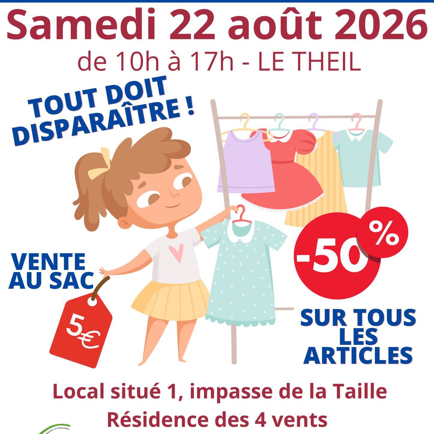👗 Vide-dressing solidaire à @valauperche61260 ! 💙❤️Envie de faire de bonnes affaires tout en faisant un geste solidaire ? Ne manquez pas le vide-dressing organisé par Solidarité Notre-Dame !📅 Samedi 22 août 2026
🕙 De 10h à 17h
📍 Le Theil – Local situé 1, impasse de la Taille, Résidence des 4 Vents💥 -50 % sur tous les articles !
🛍️ Et pour encore plus de bonnes affaires : vente au sac à seulement 5 € !👚 Vêtements, articles de mode et bien d'autres trouvailles vous attendent !👉 Tout doit disparaître ! Alors profitez-en pour renouveler votre garde-robe à petits prix, tout en soutenant une belle initiative solidaire. ❤️📞 Renseignements : 07 57 55 67 41On vous attend nombreux ! 😊#ValAuPerche #VideDressing #Solidarité #BonnesAffaires #LeTheil #VenteSolidaire #ModeOccasion