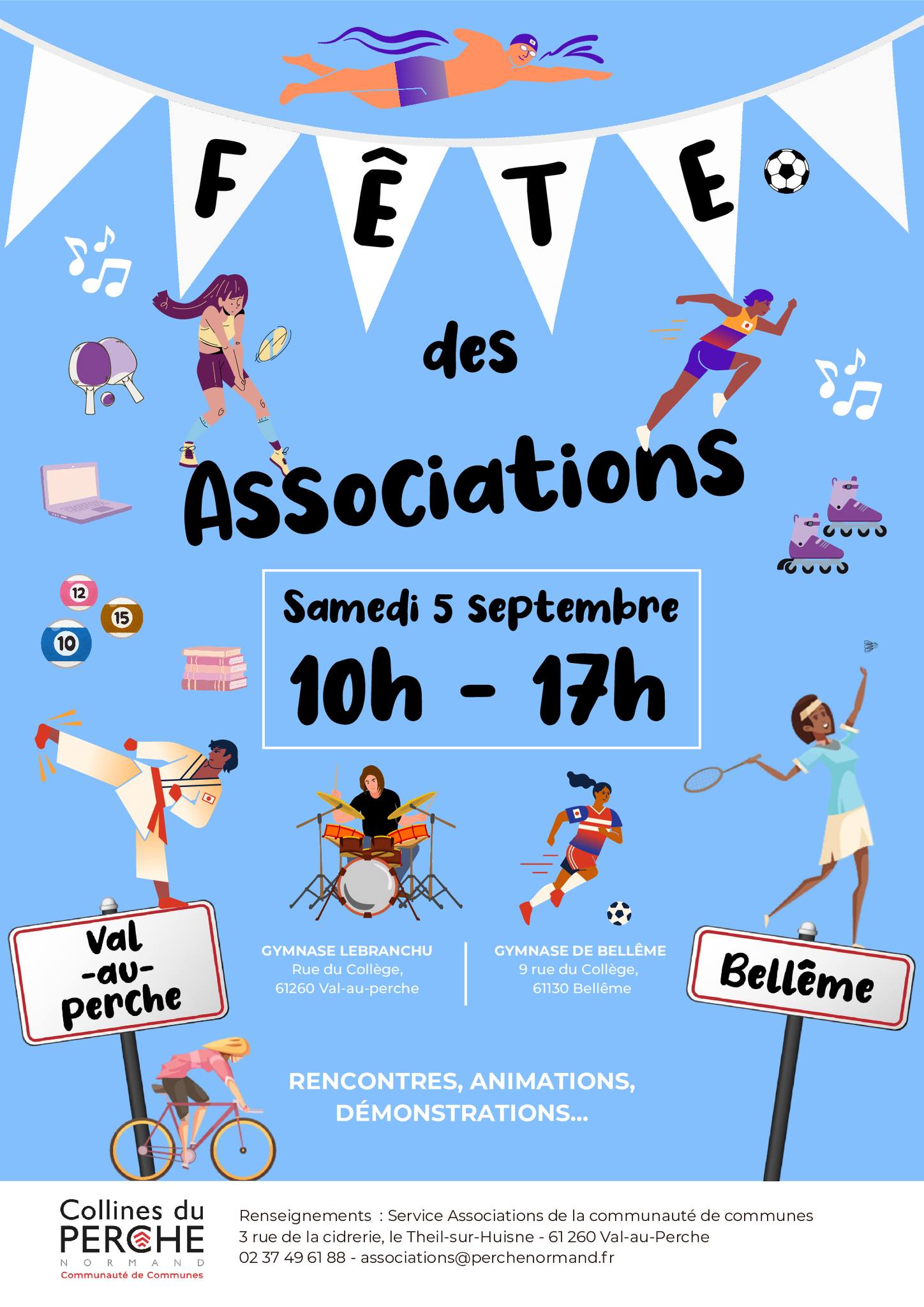 🎉 [ Fête des associations : venez à la rencontre de ceux qui font vivre @valauperche61260 !] 🎉📅 Samedi 5 septembre 2026
⏰ De 10h à 17h
📍 Gymnase Lebranchu – Val-au-PercheSport 🏃‍♀️ | Culture 🎭 | Musique 🎶 | Loisirs 🎨 | Jeunesse 👧🧑‍ | Bien-être…Il y en aura pour tous les âges et toutes les envies !✨ Une journée gratuite, conviviale et ouverte à toutes et à tous !📣 Venez découvrir, tester, échanger… et pourquoi pas vous inscrire !👉 Samedi 5 septembre, rendez-vous au gymnase Lebranchu !#ValAuPerche #FeteDesAssociations #Associations #Benevolat #VieAssociative #Sport #Culture #Loisirs #ValAuPercheBouge