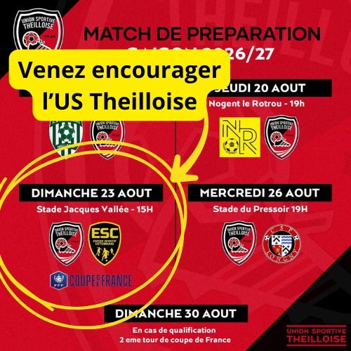 🔥⚽ [ Match de COUPE DE FRANCE ! à @valauperche61260 ] 🏆Ce dimanche 23 août, l' @ustheilloise reçoit l’Espoir Sportif Cetonnais pour le 1er tour de la Coupe de France ! 💪🔴⚫📅 Dimanche 23 août
⏰ 15h00
📍 Stade Jacques ValléeNos joueurs auront besoin de VOUS pour les encourager ! 📣🔥👉 Venez nombreux mettre l’ambiance et soutenir l’US Theilloise pour ce premier rendez-vous officiel de la saison ! ❤️🖤Tous ensemble derrière l’US Theilloise ! 💪⚽