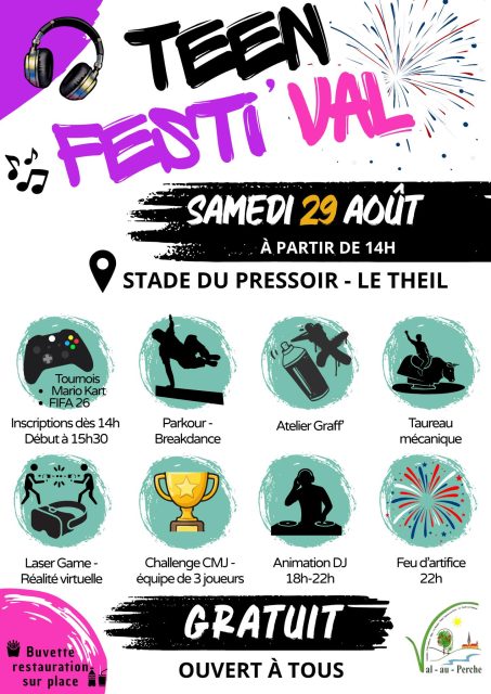 🔥 [ J-1 avant le TEEN FESTI’VAL à @valauperche61260 !] 🔥🎉 Demain, samedi 29 août, rendez-vous à Val-au-Perche pour une après-midi 100 % ados et famille !À partir de 14h, viens profiter d’un programme rempli d’animations, de défis et de sensations fortes ! 😎Au programme :
🎨 Graffiti
🥽 Réalité virtuelle
🎮 Tournois de jeux vidéo
🏆 CMJ – Parcours & Mur des Champions
🔫 Laser Game
🤠 Rodéo mécanique
🎧 DJ
🎆 Feu d’artifice pour clôturer la soirée !🔥 Que tu viennes entre copains ou en famille, pour relever les défis, tester de nouvelles activités ou simplement profiter de l’ambiance : le Teen Festi’VAL, c’est demain !📅 Samedi 29 août 2026
🕑 À partir de 14h
📍 au Stade dub Pressoir - Le Theil-sur-Huisne👋 Un événement porté par la Ville de Val-au-Perche avec l’équipe jeunesse et le Conseil Municipal des Jeunes.👉 N’hésite pas à partager et à inviter tes amis !#TeenFestIVAL #ValauPerche #Jeunesse #FestiVAL #Animations #Ados #Samedi29Août