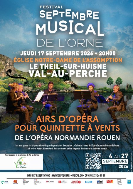 🎶 [Le septembre musical approche à @valauperche61260 ]🎶📅 Jeudi 17 septembre 2026 à 20h
📍 Église Notre-Dame de l’Assomption – Le Theil-sur-HuisneLe Septembre Musical de l’Orne fait escale à Val-au-Perche pour une soirée musicale exceptionnelle dans le cadre majestueux de l’église Notre-Dame de l’Assomption. ✨🎻 Une belle occasion de découvrir des artistes de talent et de profiter d’un moment musical privilégié au cœur de notre patrimoine.Que vous soyez mélomane averti ou simplement curieux de découvrir de nouveaux univers musicaux, rendez-vous le 17 septembre !👉 Pensez à réserver votre soirée ! https://www.septembre-musical.com/produit/airs-d-opera-pour-quintette-a-vents/🎶 Val-au-Perche vous donne rendez-vous pour une soirée placée sous le signe de la musique et du patrimoine.À vos agendas ! 🗓️🎵
