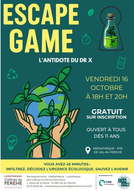 🌍🔎 [ À vous de jouer pour sauver la planète ! ]Et si, le temps d’un Escape Game, vous deveniez enquêteur pour tenter de sauver l’humanité ? 🧪🌱Depuis plusieurs décennies, un groupe d’individus insouciants multiplie les actions nuisibles à notre planète… contribuant peu à peu à l’empoisonnement de chacun d’entre nous ! 😱Heureusement, une information capitale nous est parvenue : le mystérieux docteur X aurait eu le temps de créer un antidote… Mais où est-il ? Et surtout… saurez-vous le retrouver ? 🕵️‍♀️🕵️‍♂️👉 Un escape game immersif, ludique et collaboratif pour apprendre, réfléchir à nos habitudes et découvrir comment chacun peut devenir acteur de la protection de notre planète.📅 Inscriptions à partir du mardi 22 septembre
📍Médiathèque - Ludothèque des Collines du Perche Normand
⏱️ Durée : 1h15
👥 Public : adultes et adolescents à partir de 11 ans
💚 Gratuit⚠️ INSCRIPTION INDISPENSABLEUne aventure à vivre en équipe, entre réflexion, coopération et sensibilisation… Alors, prêts à relever le défi ? 🌍🔐
