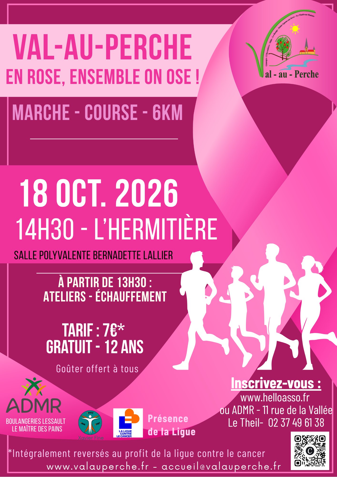 🌸 [ @valauperche61260 en rose : ensemble on ose ! ] 🌸À l’occasion d’Octobre Rose, la Ville de Val-au-Perche vous donne rendez-vous pour la 2ᵉ édition de « Val-au-Perche en rose, ensemble on ose ! » 💗📅 Dimanche 18 octobre 2026
📍 L’Hermitière – Salle polyvalente Bernadette Lallier🏃‍♀️🚶‍♂️ Marche ou course de 6 km, ouverte à tous !
🕜 Accueil dès 13h30
🔥 Échauffement collectif avec Xavier Fine, coach sportif
🏁 Départ à 14h30La Ligue contre le cancer sera présente aux côtés des participants avec plusieurs bénévoles, dont sa vice-présidente Mme Yvard Chesneau, pour sensibiliser à la prévention et au dépistage du cancer du sein.💗 Participation : 7 €
👧 Gratuit pour les moins de 12 ans
🎗️ 100 % des bénéfices reversés à la Ligue contre le cancer🥐 Et pour terminer cette belle après-midi : un goûter offert à tous les participants, grâce au soutien des Boulangeries Lessault et Le Maître des Pains.🤝 Cette journée est organisée avec le soutien de l’ADMR du Theil, partenaire de proximité engagé aux côtés de la commune.📲 Inscriptions :
👉 https://www.helloasso.com/associations/admr-le-theil/evenements/val-au-perche-en-rose-ensemble-on-ose
👉 ADMR – 11 rue de la Vallée, Le Theil
☎️ 02 37 49 61 38💗 Que vous soyez marcheur, coureur ou simplement venu soutenir la cause, venez nombreux partager ce moment de solidarité et de convivialité !#ValAuPerche #OctobreRose #EnsembleOnOse #LutteContreLeCancer #Prévention #Solidarité #ValAuPercheEnRose