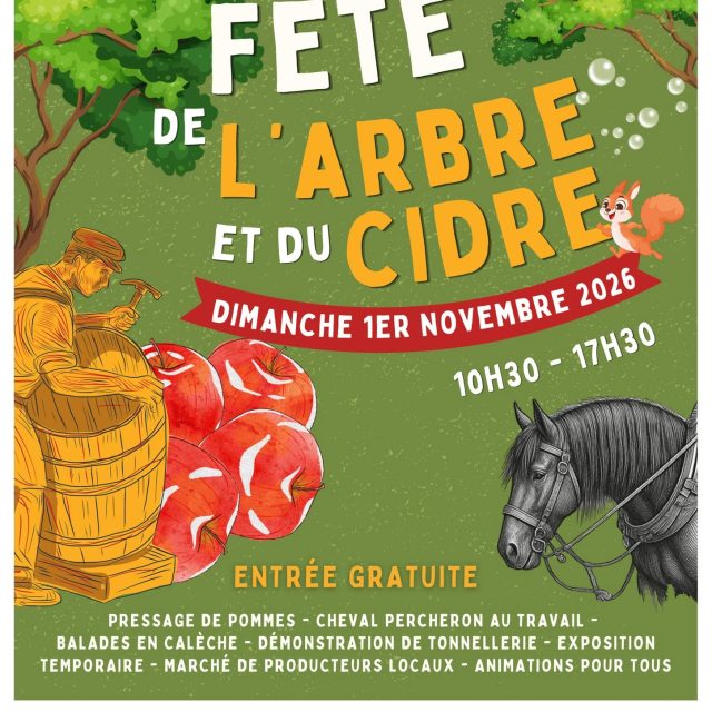 🍎🍂 [SORTIE EN FAMILLE] L’automne se fête à l’ @ecomuseeduperche !Envie d’une sortie automnale pleine de découvertes et de traditions ? 🌳🐴📅 Rendez-vous dimanche 1er novembre 2026 pour la Fête de l’Arbre et du Cidre à l’Écomusée du Perche, à Saint-Cyr-la-Rosière !Une journée conviviale et familiale pour célébrer les saveurs du verger, les savoir-faire d’autrefois et les richesses de notre patrimoine percheron. 🍏🍎 Au programme :
🐴 Pressage de pommes à l’ancienne avec les chevaux percherons et balades en calèche
🍏 Découverte de la fabrication du jus de pomme, du grugeoir au pressoir, avec dégustation !
🧺 Rencontres autour de la tonnellerie, de la vannerie, de la distillation et des variétés anciennes de pommes
🎨 Ateliers créatifs et jeux traditionnels en bois pour les enfants
🛍️ Marché de producteurs et d’artisans
🌳 Exposition temporaire « Œuvres d’arbres » du Collectif Corblin-LevaillantEt pour les gourmands, des plats chauds, des beignets, du vin chaud et une buvette seront proposés sur place. 😋📍 Lieu : Prieuré de Sainte-Gauburge, Écomusée du Perche, Saint-Cyr-la-Rosière
💚 Entrée gratuite pour tous !**📞 Renseignements : 02 33 73 48 06
📧 accueil@ecomuseeduperche.frUne belle occasion de profiter de l’automne et de découvrir les traditions qui font la richesse de notre territoire ! 🍂#ValAuPerche #Perche #ÉcomuséeDuPerche #SortieEnFamille #FêteDeLArbreEtDuCidre