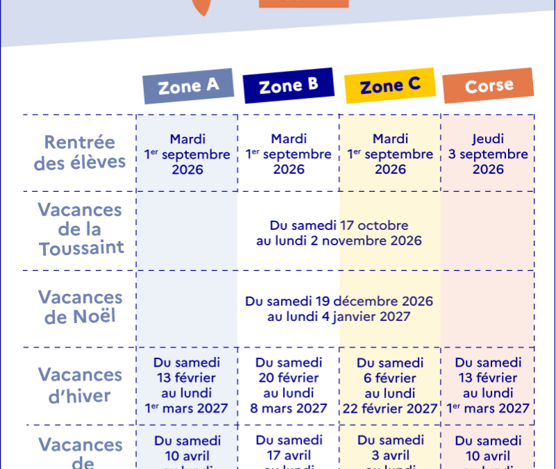 Découvrez les dates des vacances scolaires 2026-2027